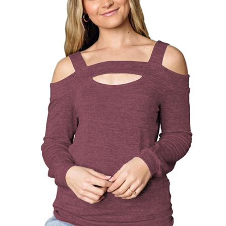 Kvinnor Långärmad Kall Axel Enfärgad T-shirt Ihåliga Toppar