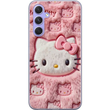 Yhteensopiva Puhelinkuori Samsung Galaxy A54 Hello Kitty vaaleanpunainen pörröinen tausta, jossa on ikoninen kasvot ja kawaii-esteettisyys