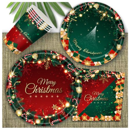 Jul Röd Grön Porslin Julbordsdekoration Engångstallrikar Pappersservetter Bordsduk Pappersmugg