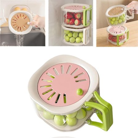 Multifunksjonell dreneringskurv med lokk og håndtak, 2 i 1 fruktrensebolle, kjøleskap frukt dørslag oppbevaringsbeholder (rosa)