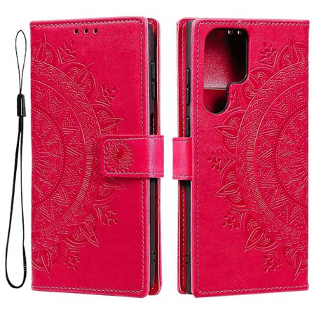 Magnetlås Prägling Mandala Blomma Läder Skal Telefon Plånbok Ställ Fodral med Rem