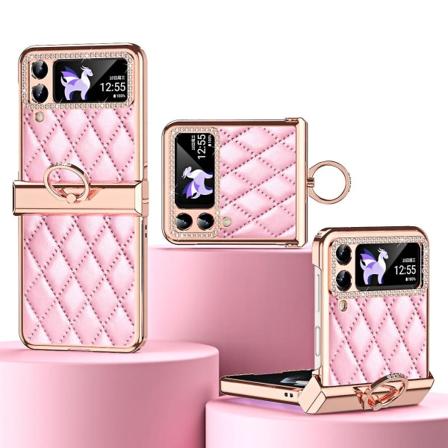Pläterad strassfodral kompatibel med Samsung Galaxy Z Flip 4, PU-läderfodral med gångjärnsskydd och ringhållare-t Pink