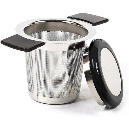 Teifilter i rustfritt stål med sil, silikonhåndtak og lokk