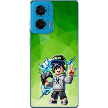 Yhteensopiva Puhelinkuori Motorola G96 Roblox-inspiroitu pelaajahahmo, jossa on kuulokkeet, ohjain ja energiset efektit vihreää taustaa vasten