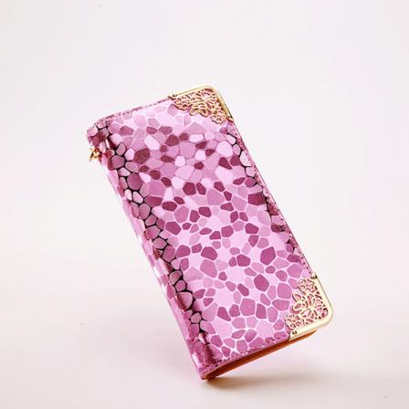 Koreansk stil steinmønster lang lommebok Pu glidelås Flere kortspor Single-pull clutch Pink