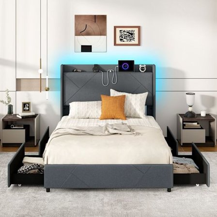 COSTWAY Säng 140 x 200 cm 2 Platser med LED-belysning, Förvaringshuvudgavel, Laddstation, 4 Lådor på Hjul, 2 Fickor