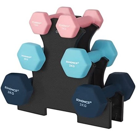 Songmics Hex håndvægte med stativ - 2 x 1 kg, 2 x 2 kg, 2 x 3 kg, rosa, aqua og blå
