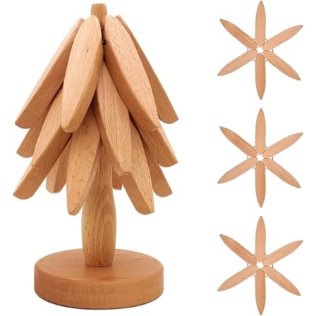 Træunderlag til varme retter, 3 træunderlag + 1 stativ opbevaret som et juletræ, bøgetræunderlag til varme gryder, pander, skåle, tekande, bøg