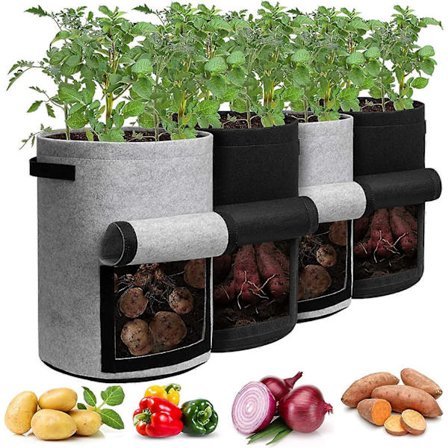 Kartoffeldyrkningsposer med klap, 10 gallon, 4-pak plantepotte med håndtag og høstvindue til kartofler, tomater og grøntsager, sort og grå