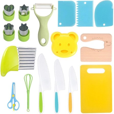 17-delt Fruktknivsett for barn - Kjøkkenlekesett for barn - Matvaregodkjent tre og PP-materiale