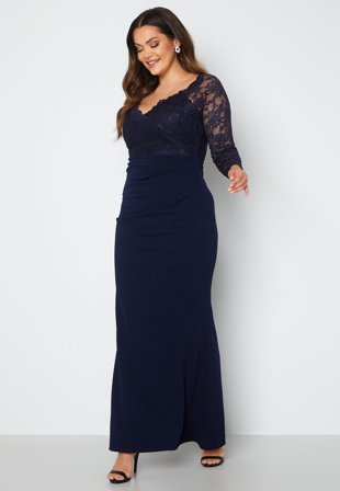 Goddiva Curve - Long Sleeve Lace Trim Maxi Dress - Blue