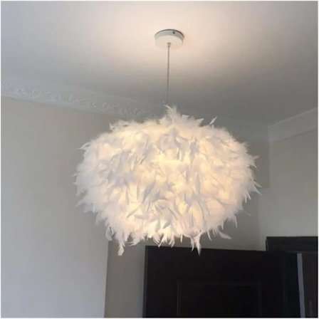 Valkoinen höyhentakavalaisin E27 – koristeellinen kattokruunu Ø45 cm, max 40W, tyylikäs riippuvalaisin olohuoneeseen ja makuuhuoneeseen_TF_TF