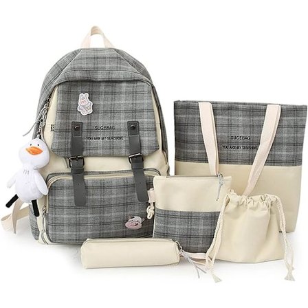 Kawaii Plaid Rygsæksæt 5 Dele Kvinder Sød Salviegrøn Æstetisk Taske Skole Taske Dagstursrygsæk Over 6 År