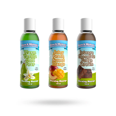 KIT MED SMAKSATTA MASSAGEOLJOR FRÅN VINCE & MICHAEL 3X150 ML - Vuxen.se - Vattenbaserad massageolja