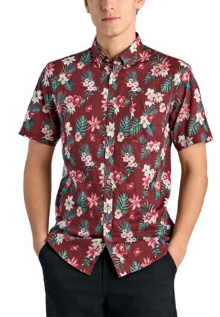 Lindbergh Printed cotton/linen shirt S/S Skjortor Herr Röd L