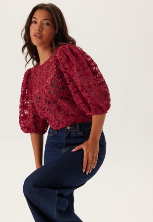 BUBBLEROOM-3D Flower Puff Sleeve Blouse-L