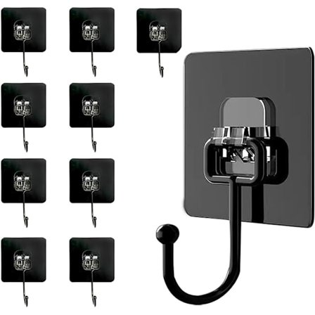 Selvklebende Kroker, Klebende Veggkroker, Klebende Takroker, Pakke med 10 (Maksimal Belastning 50 Kg) Ekstra Sterke Svarte Vanntette og Usynlige 