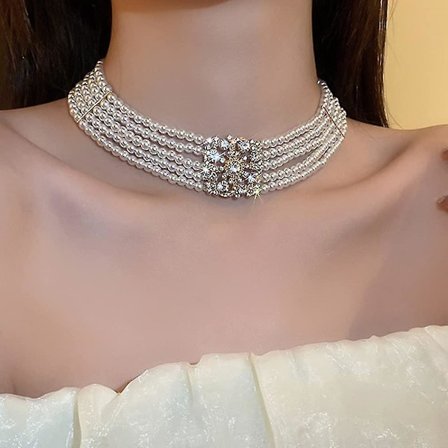 1920s Delicate Boho Rhinestone Pearl Choker Necklace Chain Layered Choker Pendant Necklace Prom Part