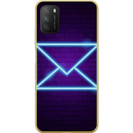 Kompatibel Mobilcover til Xiaomi Xiaomi Poco M3 Neon illustration af kuvert i blåt lys mod lilla teglvæg, moderne symbol for beskeder kommunikation