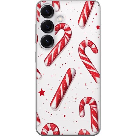 Yhteensopiva Puhelinkuori Samsung Galaxy S25 Jouluinen pallokuoseilla varustettu kuvio punaisilla ja valkoisilla piparminttutankoilla, tähdillä ja lum