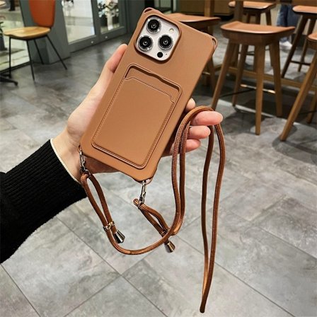 Etui til iPhone15PRO brun snor fire hjørner anti-fald crossbody flydende kortholder slot