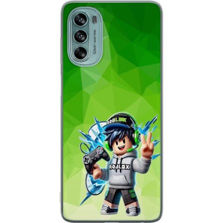 Kompatibelt Mobildeksel til Motorola Moto G62 5G Roblox-inspirert gamerfigur med headset, håndkontroll og energiske effekter mot grønn bakgrunn