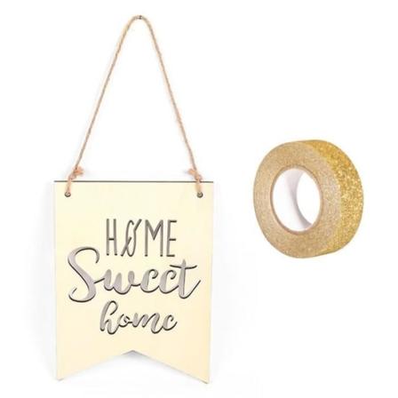 Puinen viiri ripustettavaksi 20 x 15 cm Home Sweet Home + kultainen glitter maalarinteippi 5 m Beige