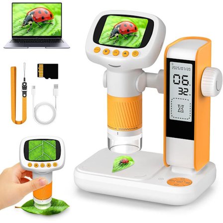 Lasten mikroskooppi 1000x suurennuksella, 2-in-1 muotoilu, tutkimuskello, kolmijalka 2 "