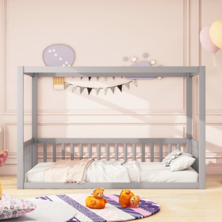 Barnsäng 90 x 200 cm | Massiv trä sänghimmel i grått för barn & tonåringar