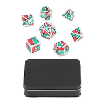 7-osainen polyhedraalinen noppasetti, metalliset roolipelien noppat säilytyslaatikolla lautapeleihin, matematiikan opetukseen, sininen ja vihreä