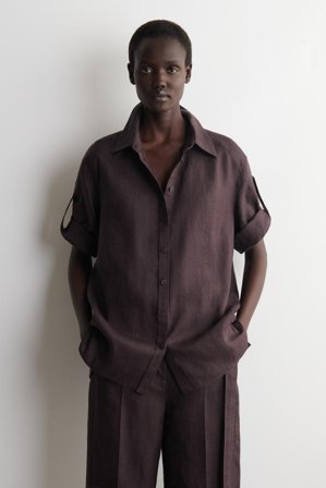 COS Women's Folded-Sleeve Linen Shirt in Red