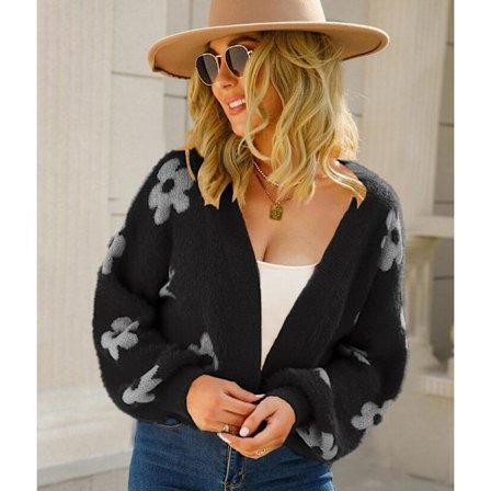 Koftan med blommönster med lång ärm och knapp framtill med V-ringning