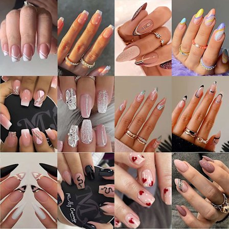 12 pakker (288 stk) Trykk på negler Medium og korte, falske lim på falske negler Mandel og firkant med lim for kvinner B2 ZD