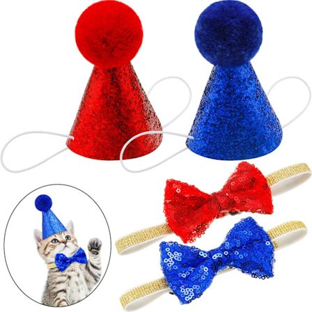 4 stk. bursdagshatt og sløyfe for kjæledyr - søt, gjenbrukbar hodeplagg for hund og katt - justerbar for katt og små og mellomstore hunder