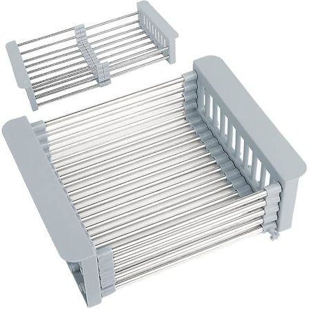 Uttrekkbar vaskekurv, justerbar oppvaskkurv for vask, justerbar oppvaskkurv i rustfritt stål, teleskopisk dreneringskurv (30x22,5x9,5cm)