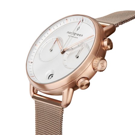 Nordgreen Men's Minimalistist Large Wrist Watch Watch - Rose Gold Case - White Dial - Rose Gold Mesh Watch Strap Pioneer White Dial Chronograph