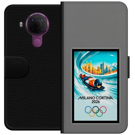 Yhteensopiva Lompakkokotelo Nokia 5.4 Dynaaminen kelkkailija tai skeleton-ajaja jääkanavalla Milanon Cortina 2026 kanssa, kaupunkinäkymä ja olympialai