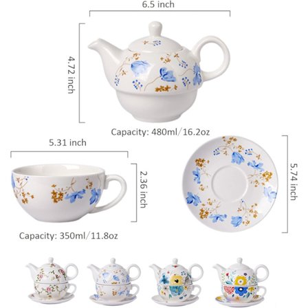 Vintage Handmålad Blommig Tekannaset, Keramisk Tekanna och Kopp för En (Stil 3)