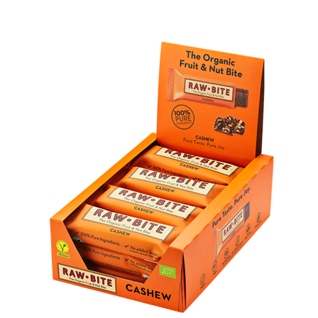 Vegansk Proteinbars Rawbite 12 x Frugt & Nødde bar 50 g, Cashew - Bodyman.dk