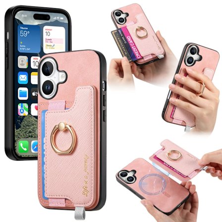 Fodral för iPhone16 rosa magnetisk korthållare enkelt läder