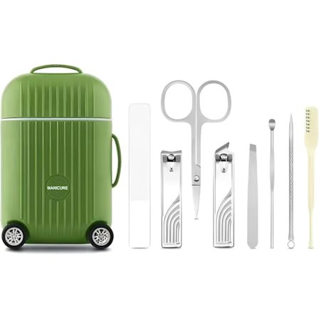 8-i-1 Profesjonelt Neglesett, Manikyrsett i Rustfritt Stål, Unik Mini-Koffert (Grønn)