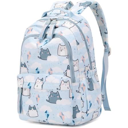 Ryggsäckar för flickor söt katt ryggsäck grundskola ryggsäck studenter skolväska för flickor Light Blue S