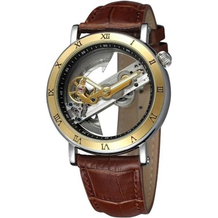 Unik automatisk herrklocka med transparent urtavla, ihåligt skelett, silverfärgad klocka i rostfritt stål