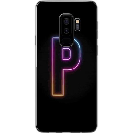 Kompatibel Mobilcover til Samsung Samsung Galaxy S9+ Minimalistisk neonbogstav P i farvegradient og lyseffekt mod sort baggrund i digital neonstil