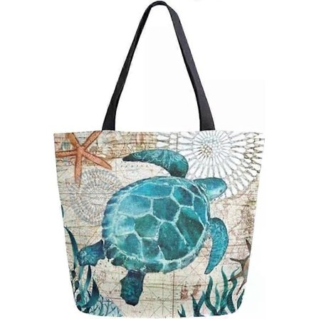 Ocean Turtle Canvas Tote Bag, Stor Dame Casual Skuldertaske med Havskildpadde Design