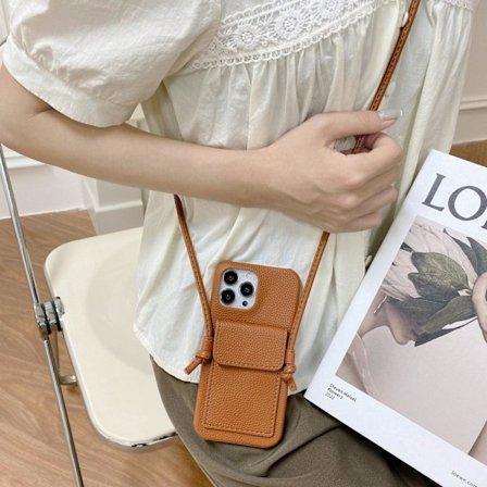 Etui til iPhone 16e Litchi-mønster ørekortholder snor brun Kortholder crossbody skinntekstur