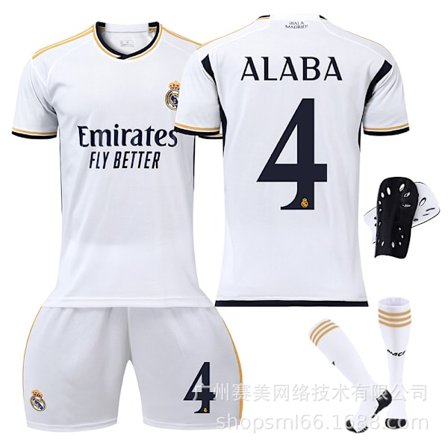 23-24 Ny Real Madrid Hjemmebørns Voksen Fodboldsæt med Strømper og Knæbeskyttere-4 ALABA-16#
