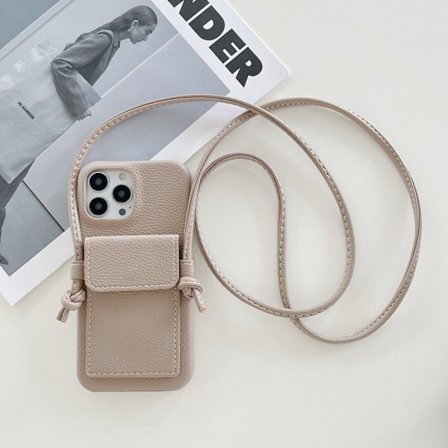 Etui til iPhone 16e Litchi mønster ørekort holder lanyard khaki Kort holder crossbody læder tekstur