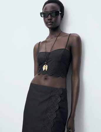 Mango Embroidered Cotton Skirt - Black - XS