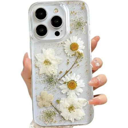 iPhone 13 Pro Gennemsigtigt Cover med Pressede Ægte Blomster Design, Glitter Sødt Hvidt Blomstermønster Slankt Blødt TPU Beskyttende Kvinder